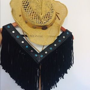 Leather fringe shawl and Straw hat